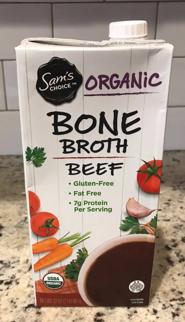 Organic beef bone broth adds flavor to the homemade vegetable soup.