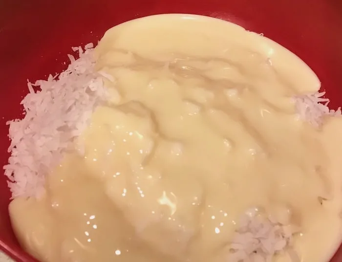 Shredded coconut and sweetened condensed milk in a bowl.