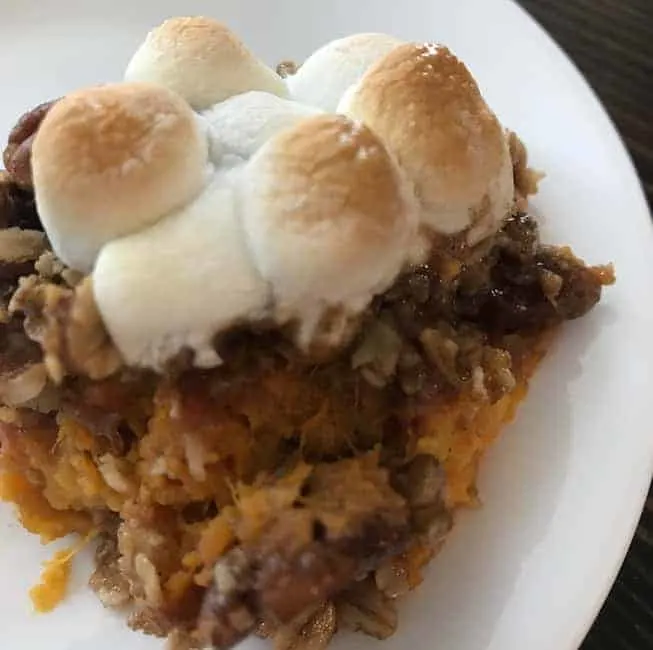 Sweet potato casserole topped with marshmallows