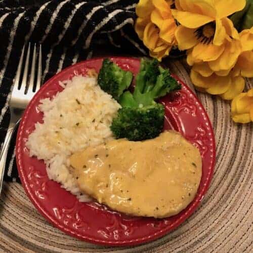 Pork chop dinner with rice, gravy, and broccoli