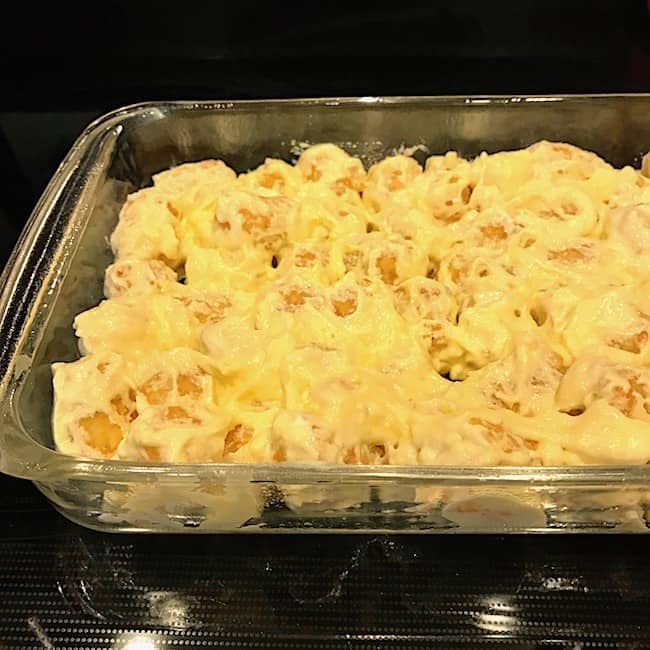 Tater Tot mixture in a casserole dish