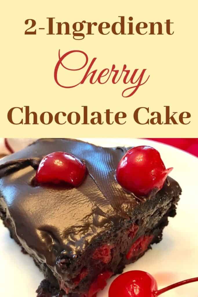 Slice of 2-ingredient cherry chocolate cake on a plate beside a maraschino cherry