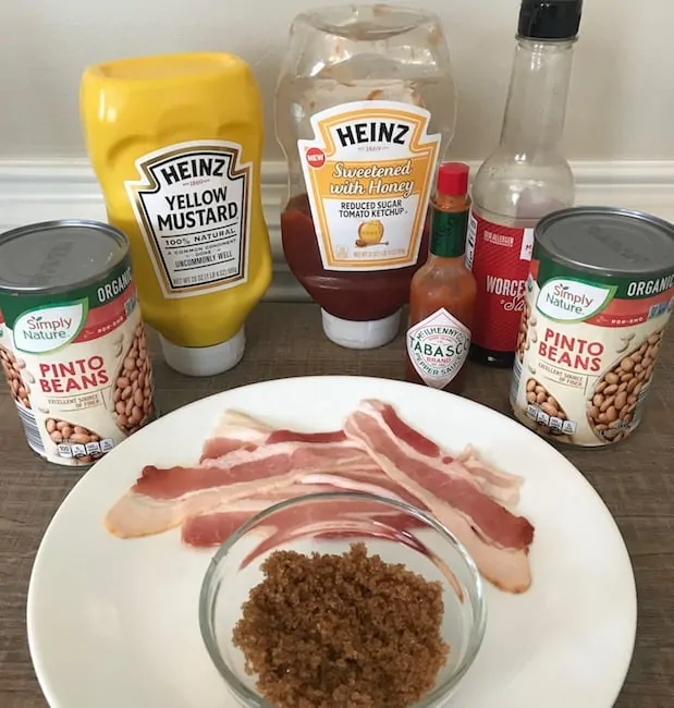 Beans, mustard, ketchup, hot sauce, Wocestershire sauce, bacon, and brown sugar