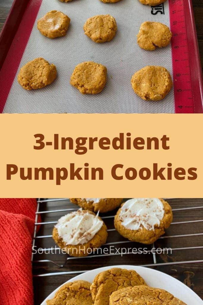 Platter of 3-ingredient pumpkin cookies beneath cookie dough on a baking sheet