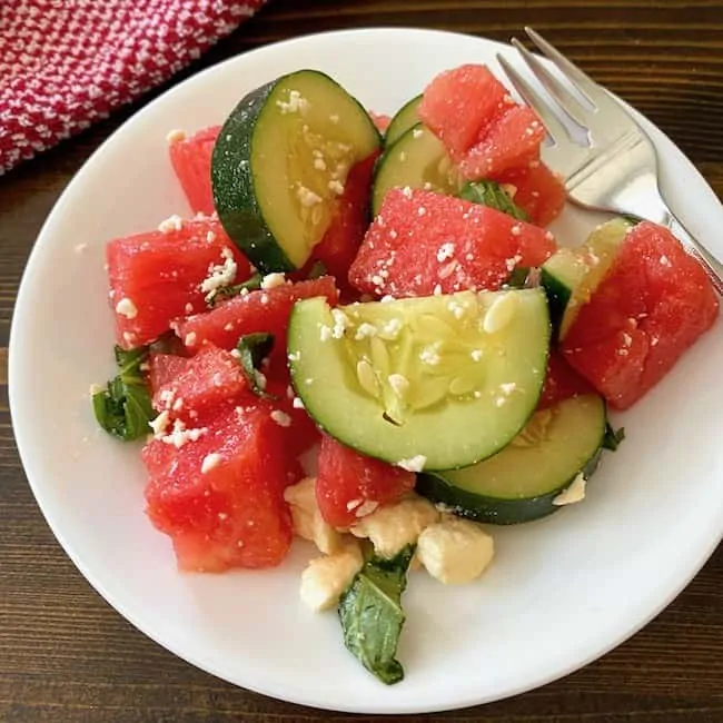 Watermelon cucumber salad on a plate