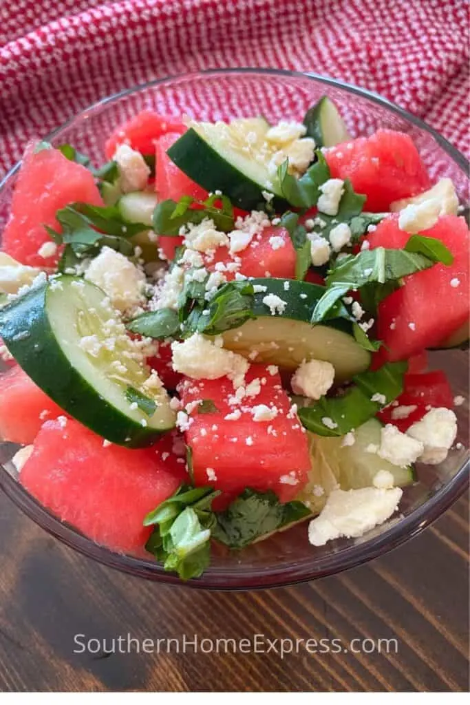 Watermelon cucumber salad with feta cheese and basil