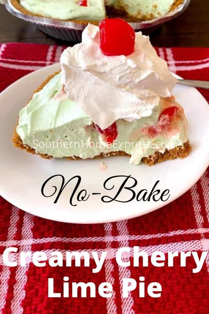 Slice of creamy no-bake cherry lime pie with whipped cream and a cherry on top