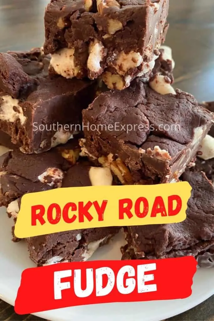 Rocky road fudge stacked on a plate