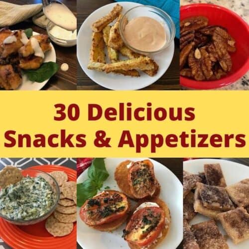 chicken wings, zucchini strips, pecans spinach dip, roasted tomatoes, and cinnamon crisps