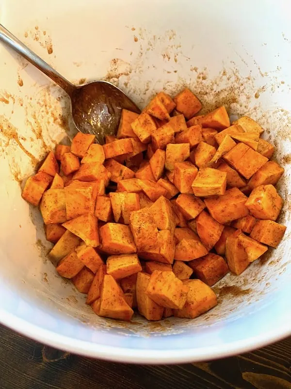 Coated sweet potato cubes