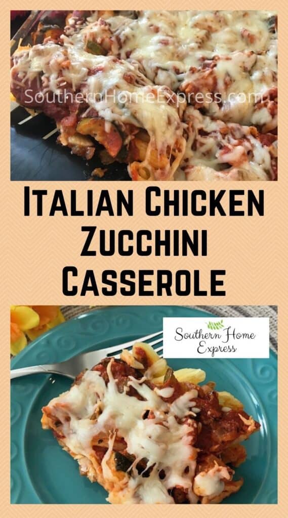 Italian chicken zucchini penne casserole in a pan and on a plate