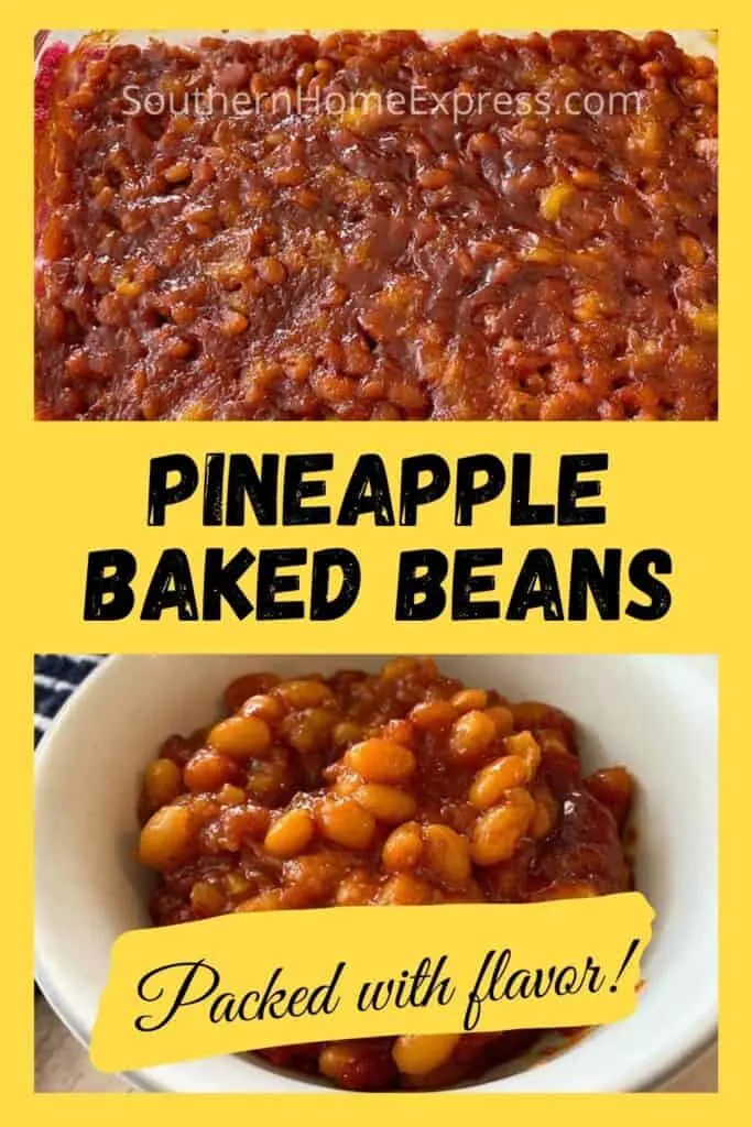 Baking pan and bowl of pineapple baked beans