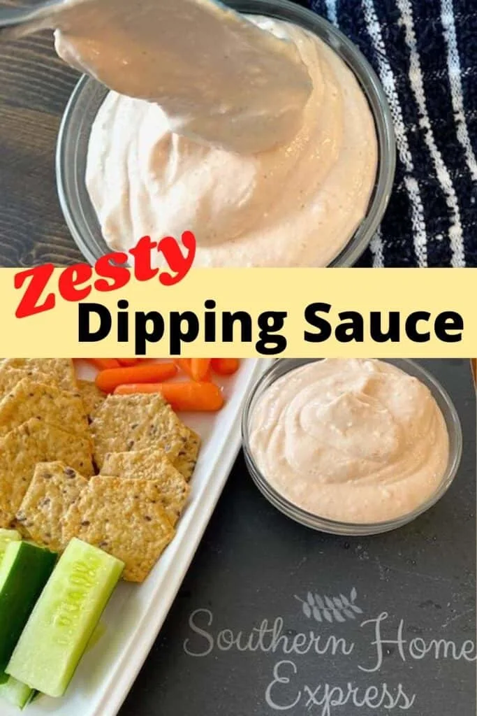 zesty dipping sauce beside a plate of veggies and crackers