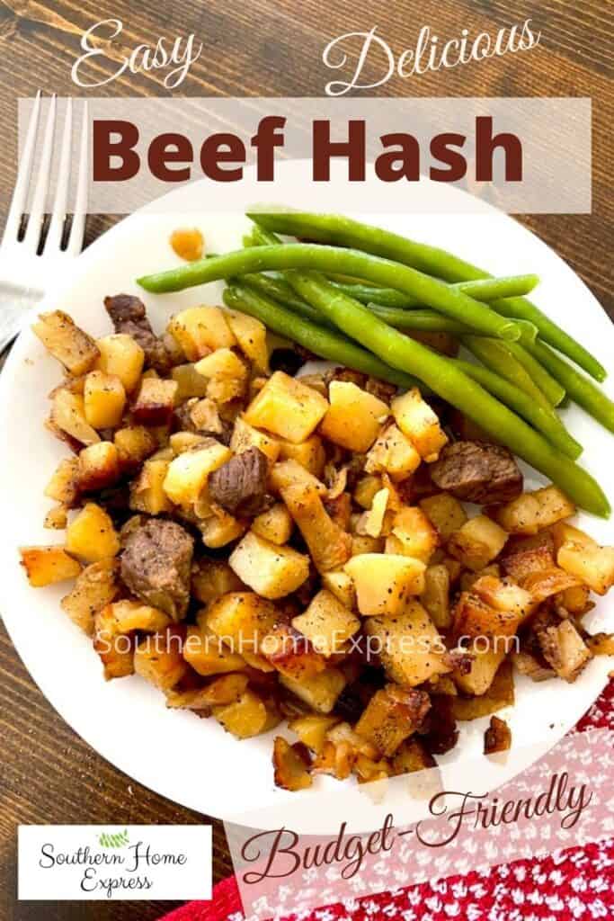 Beef hash on a plate with green beans