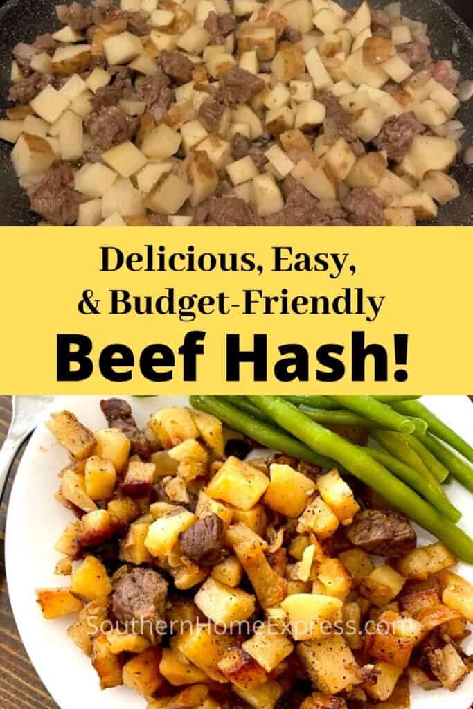 Beef hash with steak, onions, and potatoes in a skillet and on a plate with green beans