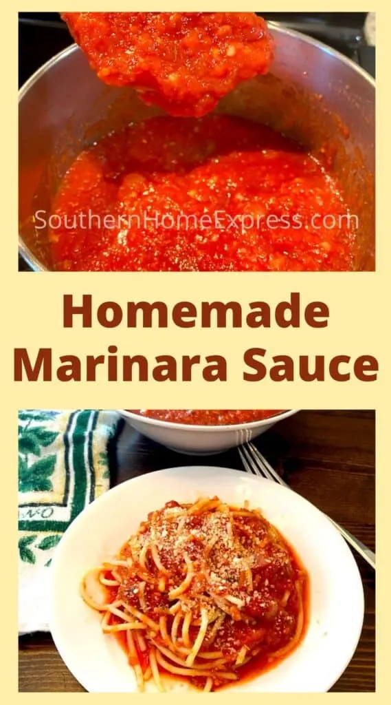 Pot of marinara sauce above a plate of spaghetti with marinara