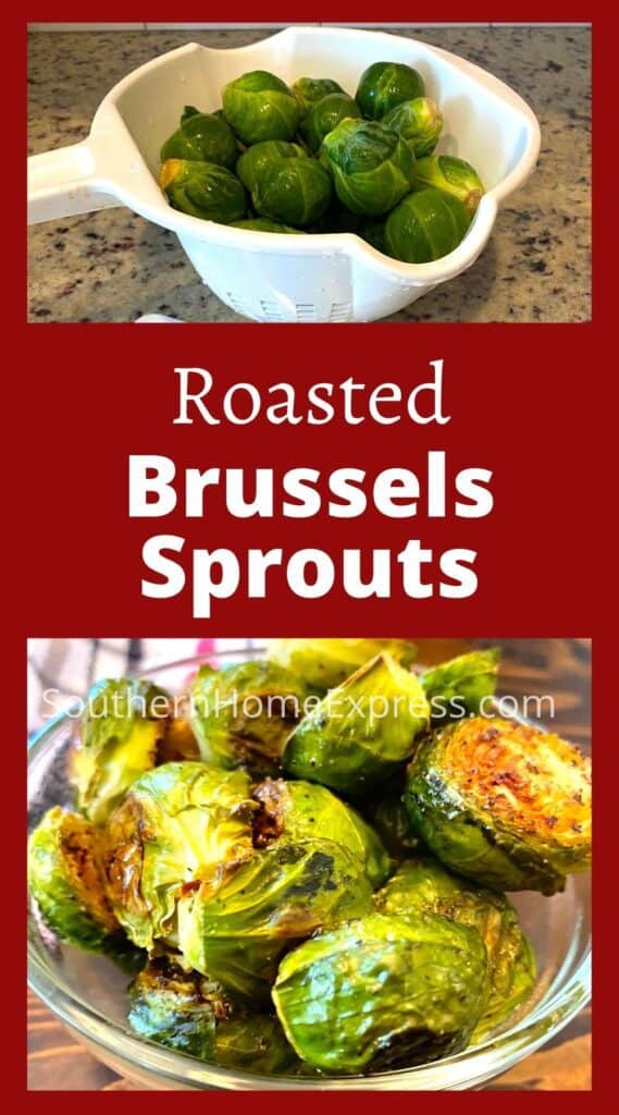 Whole Brussels sprouts in a colander above a bowl of roasted Brussels sprouts