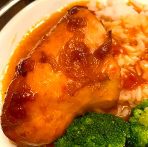 Catalina chicken on a plate with rice and broccoli
