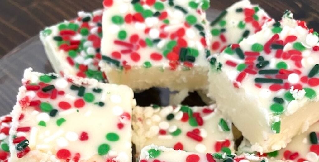 white fudge with red and green sprinkles