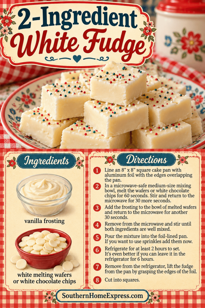 plate of white fudge with sprinkles, list of ingredients, and directions