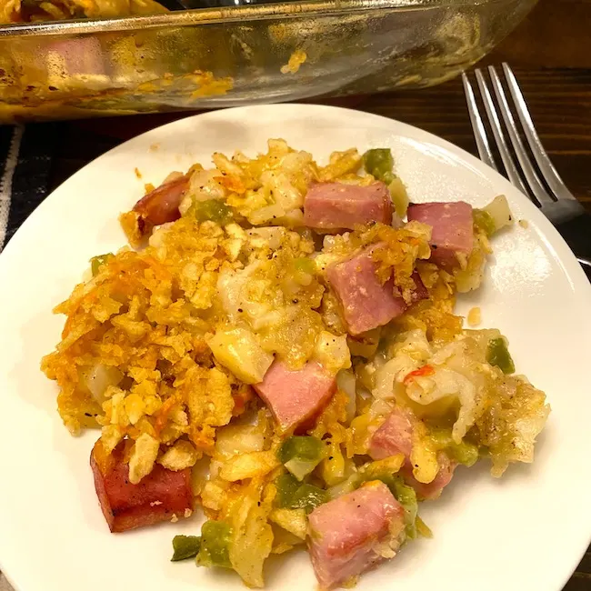 ham and potato casserole on a plate