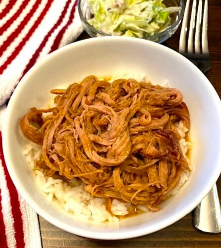 bowl of pork tenderloin over mashed potatoes