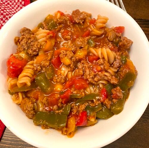 bowl of sloppy joes spiral pasta