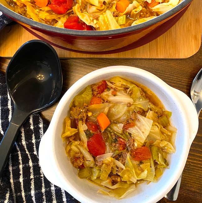 bowl of beef and cabbage soup