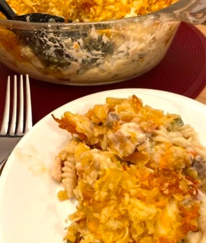 plate and casserole dish with chicken noodle casserole