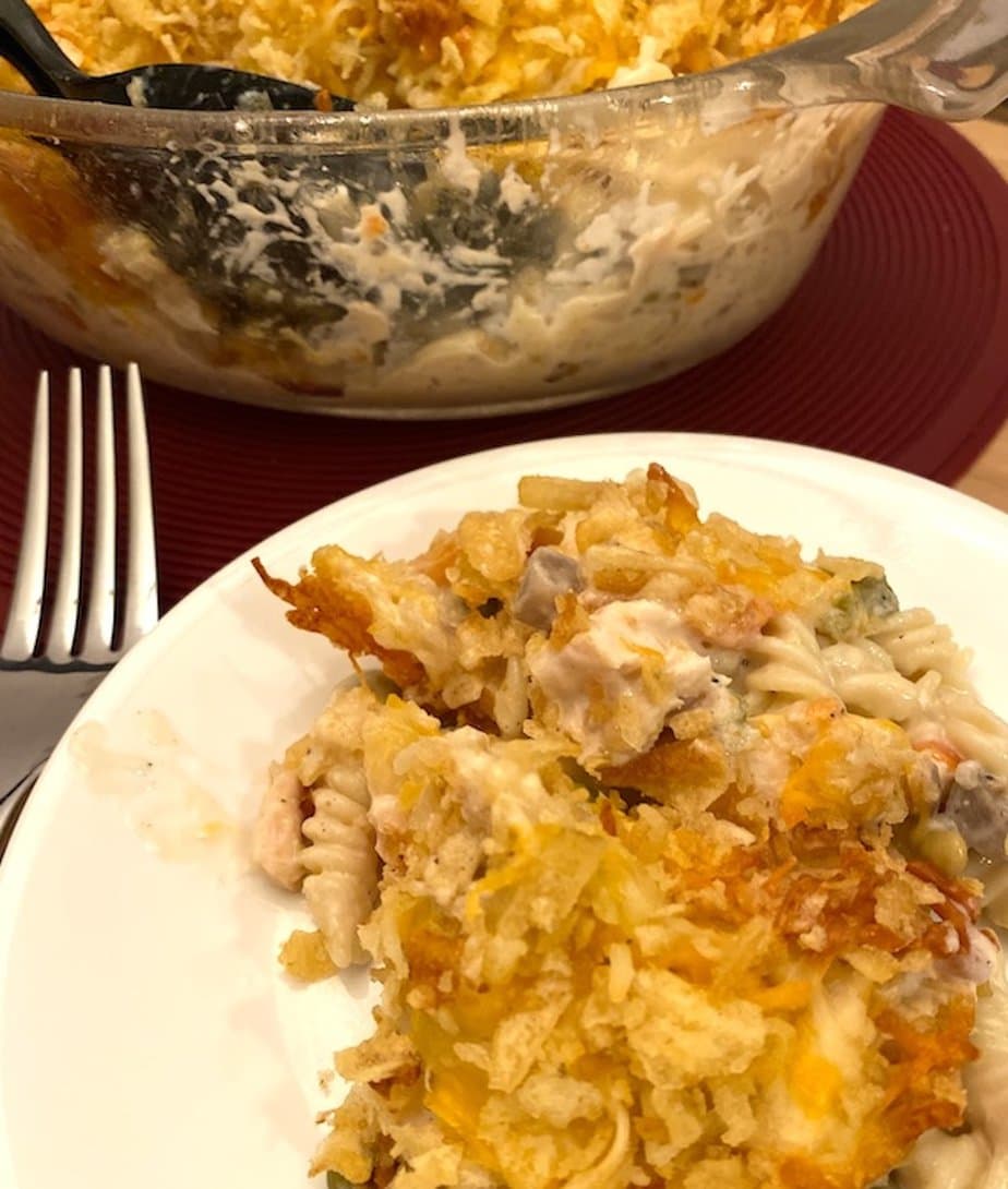 plate and casserole dish with chicken noodle casserole