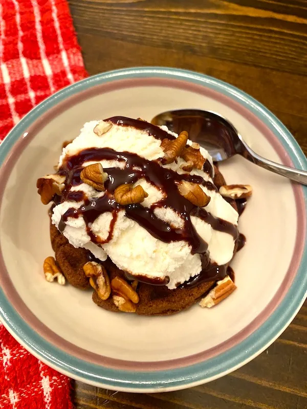 brownie waffle with ice cream and chocolate syrup