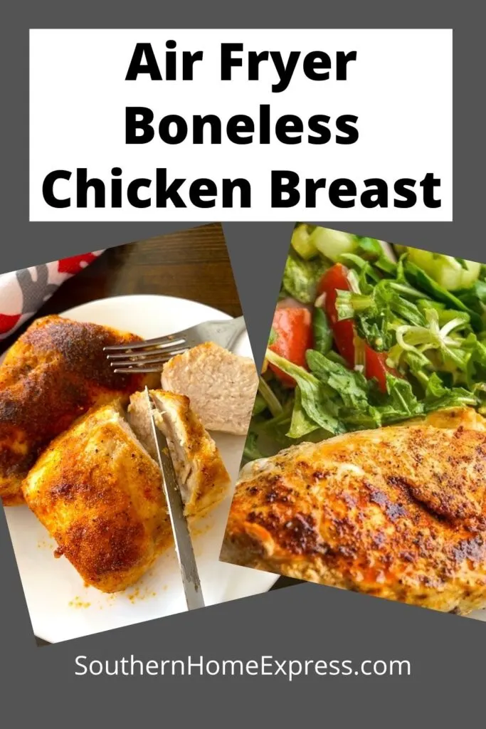 air fryer boneless chicken breast on a plate and with a salad