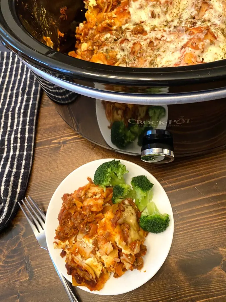 lasagna on a plate and in a slow cooker