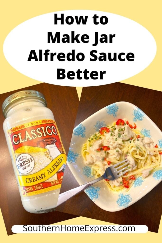 jar of alfredo sauce next to a bowl of chicken alfredo fettuccini