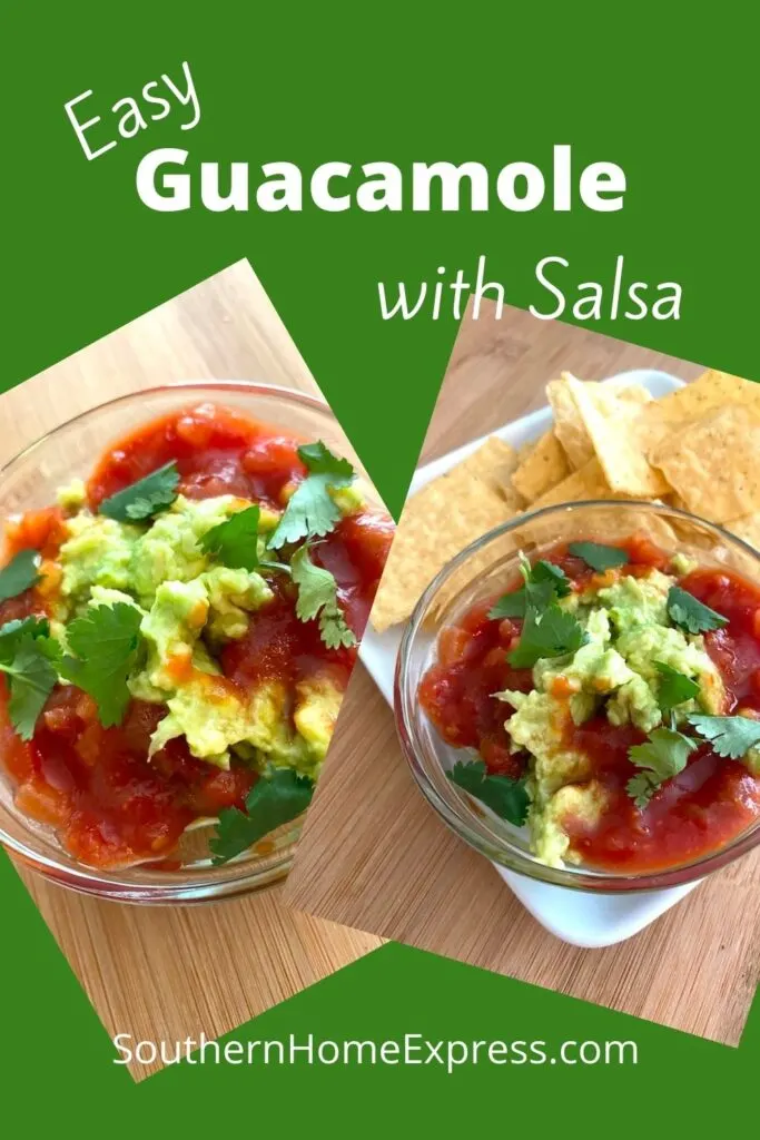 bowls of guacamole with salsa and a side of tortilla chips