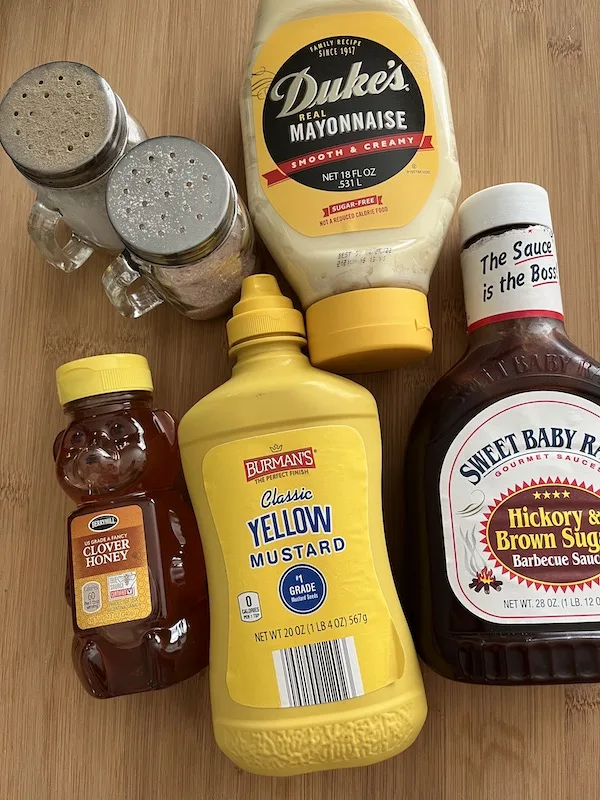 mayonnaise, honey, mustard, barbecue sauce, salt, and pepper