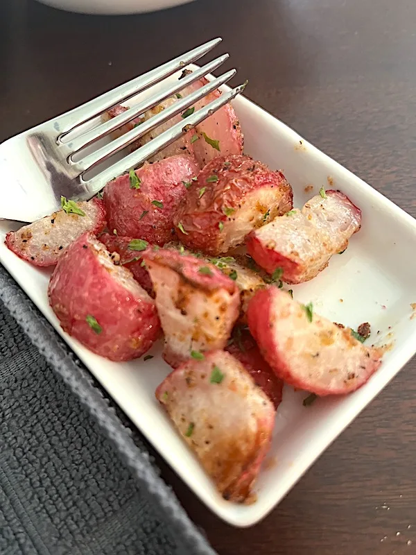 small plate of air fryer radishes