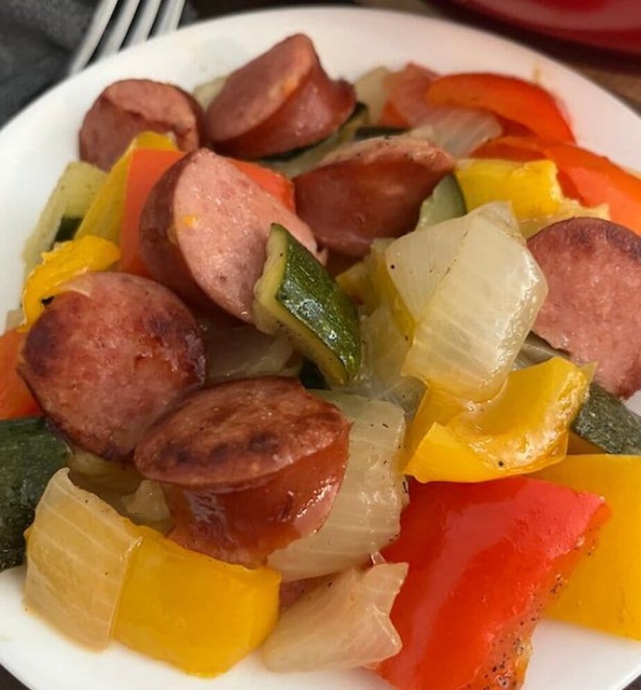 plate of low carb sausage and vegetable skillet dinner