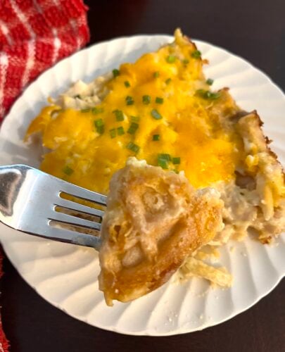 plate and fork of chicken and waffle casserole