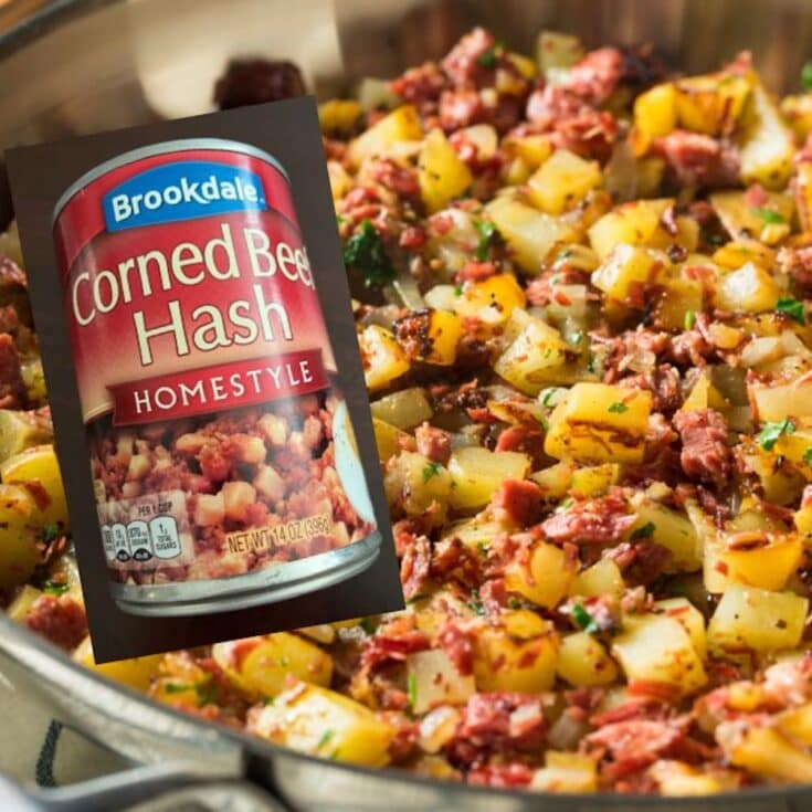 corned beef hash in a skillet and a can of corned beef hash