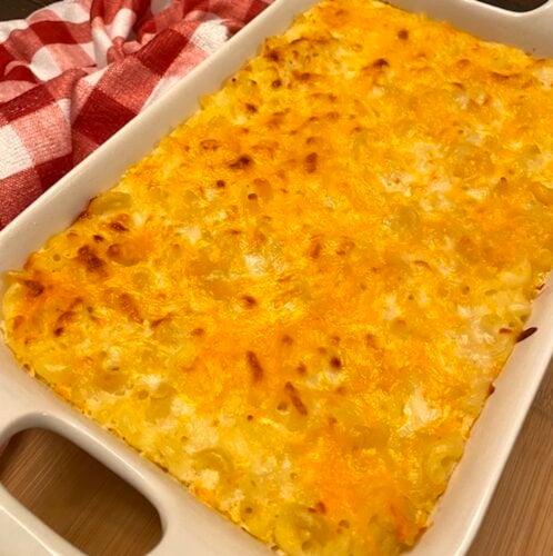 pan of classic creamy mac and cheese casserole