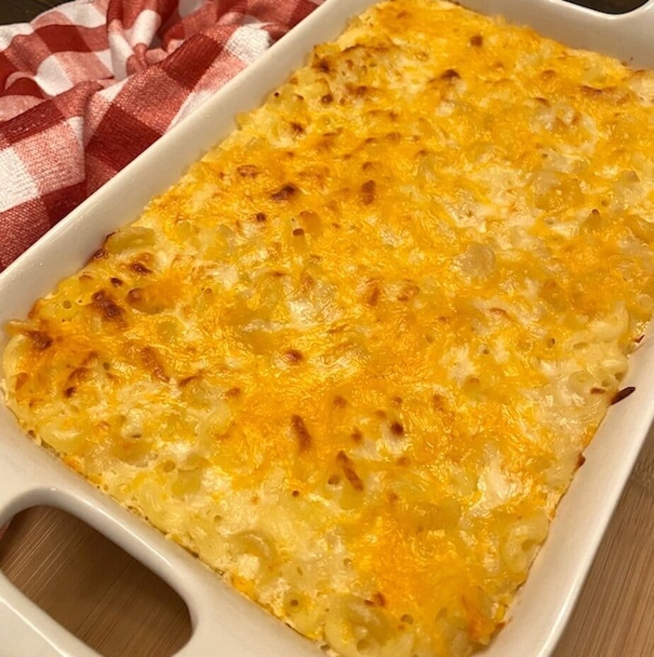 pan of classic creamy mac and cheese casserole
