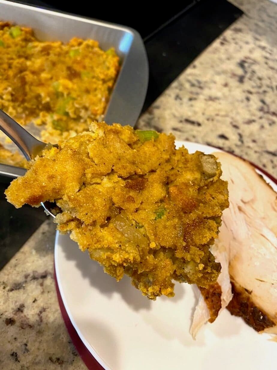 scoop of homemade southern style cornbread dressing