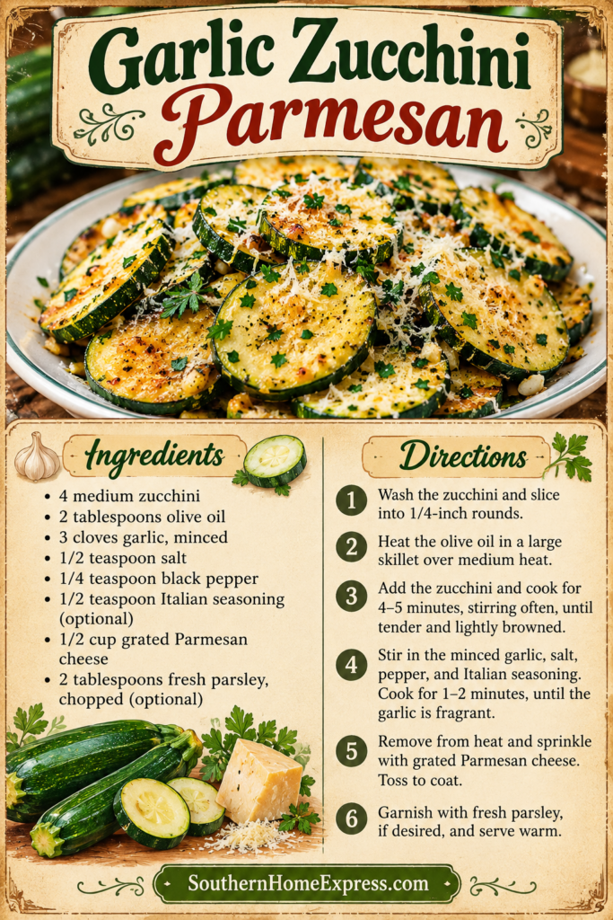 plate of garlic zucchini parmesan with ingredients and directions