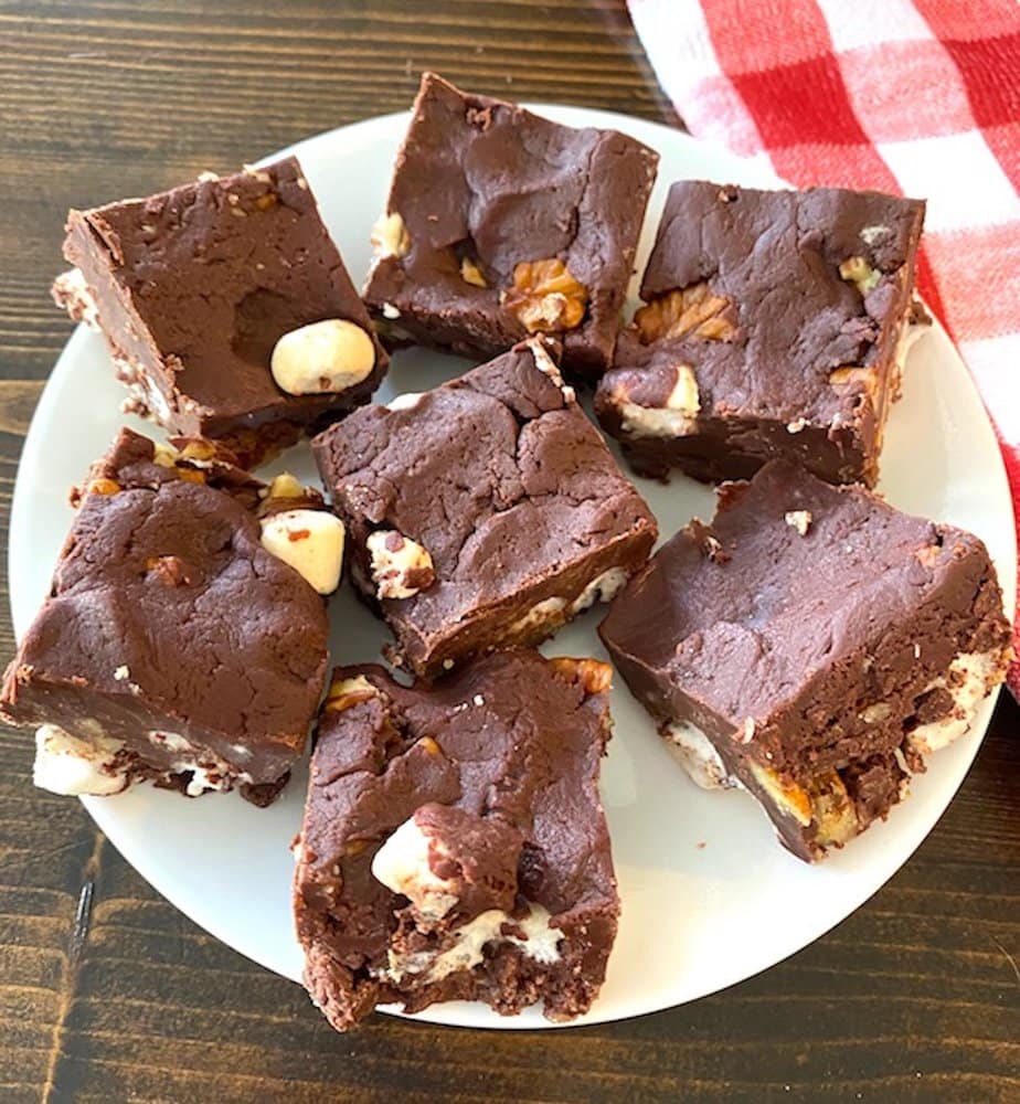 plate of stacked rocky road fudge
