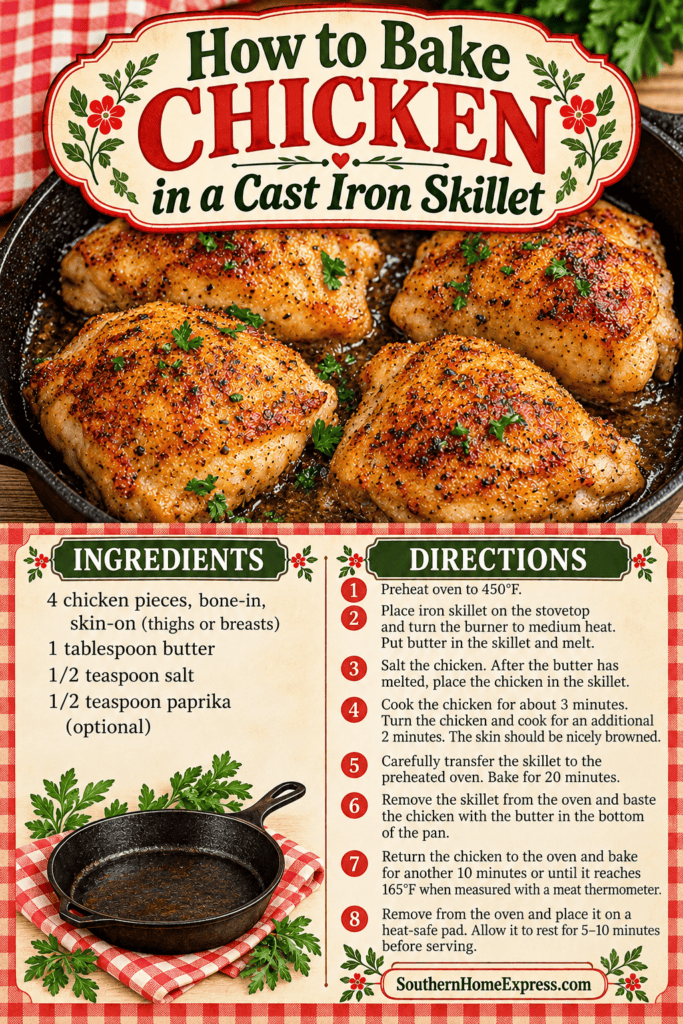 baked chicken in cast iron skillet with ingredients list and directions