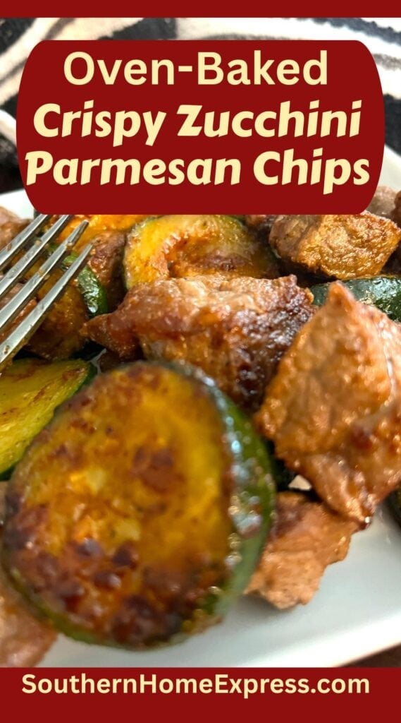 plate of crispy zucchini parmesan chips with a fork
