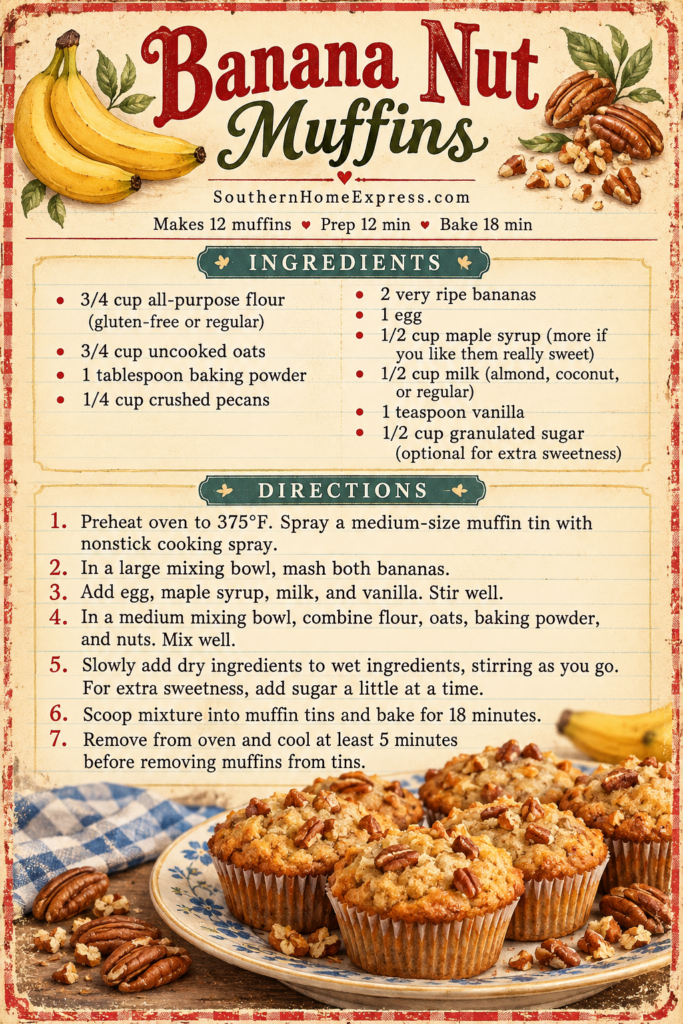 bananas, pecans, and banana nut muffins with ingredients list and directions for how to make muffins