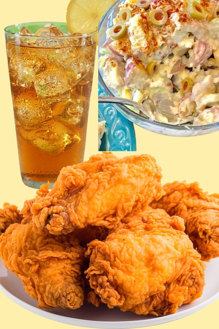 plate of chicken, bowl of potato salad, and glass of iced tea