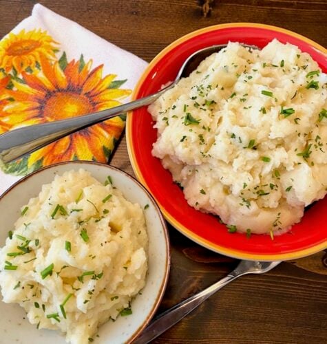 bowl and plate of buttermilk garlic mashed potatoes